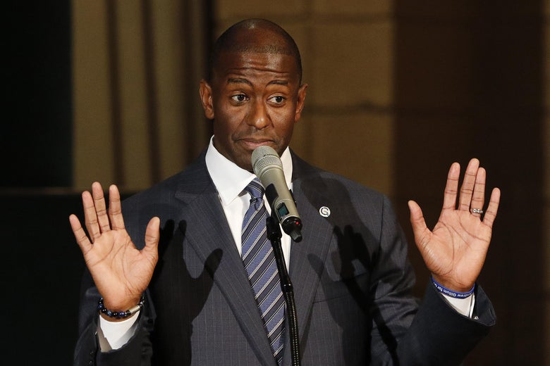 Florida Democratic gubernatorial candidate Andrew Gillum attends a service to advocate for a vote recount at the New Mount Olive Baptist Church on November 11, 2018 in Fort Lauderdale, Florida.